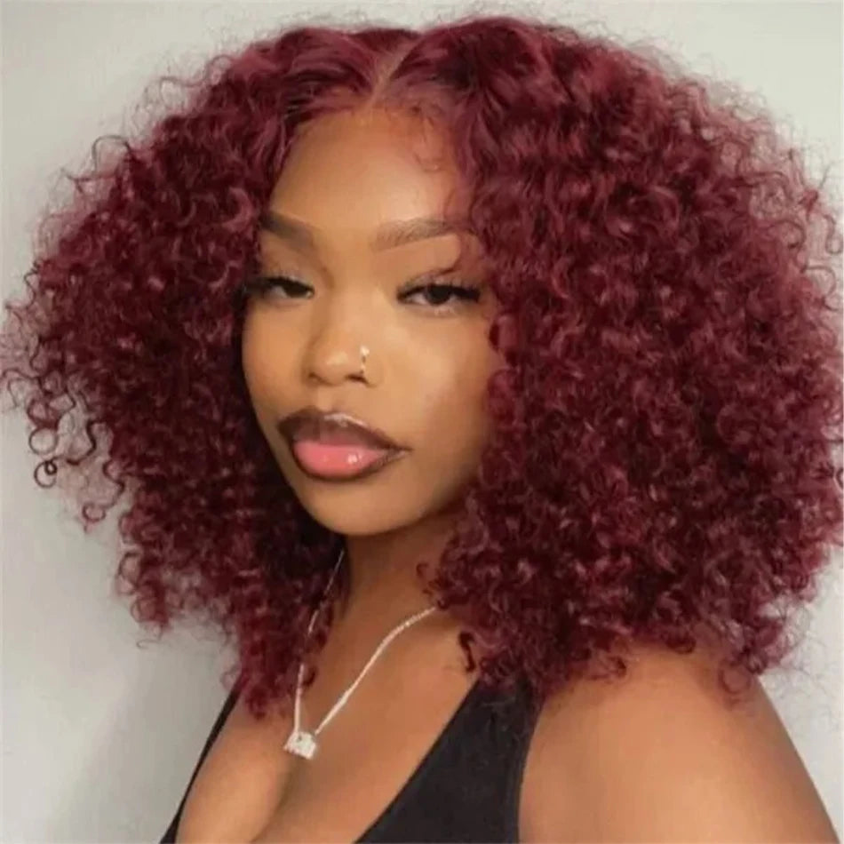 Curly Deep Water Wave Lace Front Wig Burgundy Red Remy Short Cut Bob Frontal Human Hair Wigs