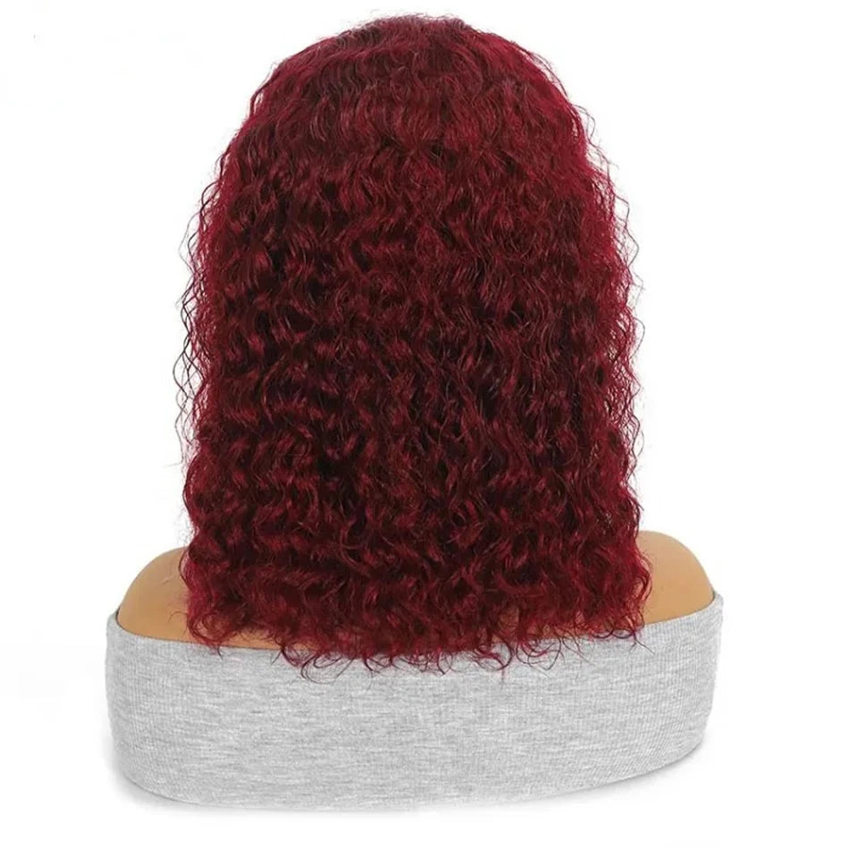 Curly Deep Water Wave Lace Front Wig Burgundy Red Remy Short Cut Bob Frontal Human Hair Wigs