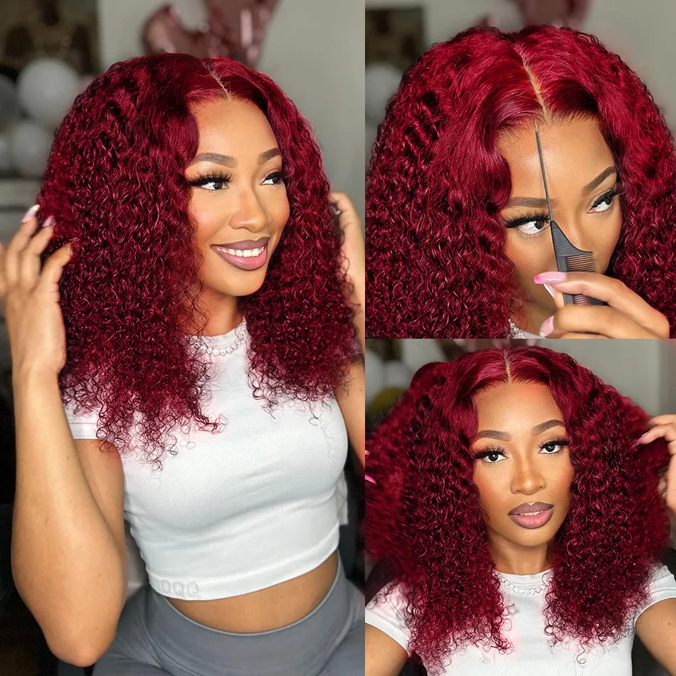 Curly Deep Water Wave Lace Front Wig Burgundy Red Remy Short Cut Bob Frontal Human Hair Wigs