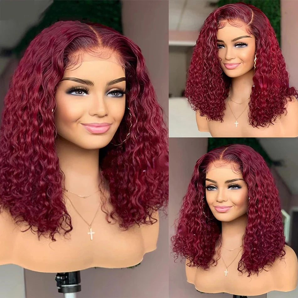 Curly Deep Water Wave Lace Front Wig Burgundy Red Remy Short Cut Bob Frontal Human Hair Wigs