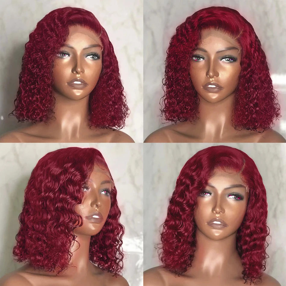 Curly Deep Water Wave Lace Front Wig Burgundy Red Remy Short Cut Bob Frontal Human Hair Wigs