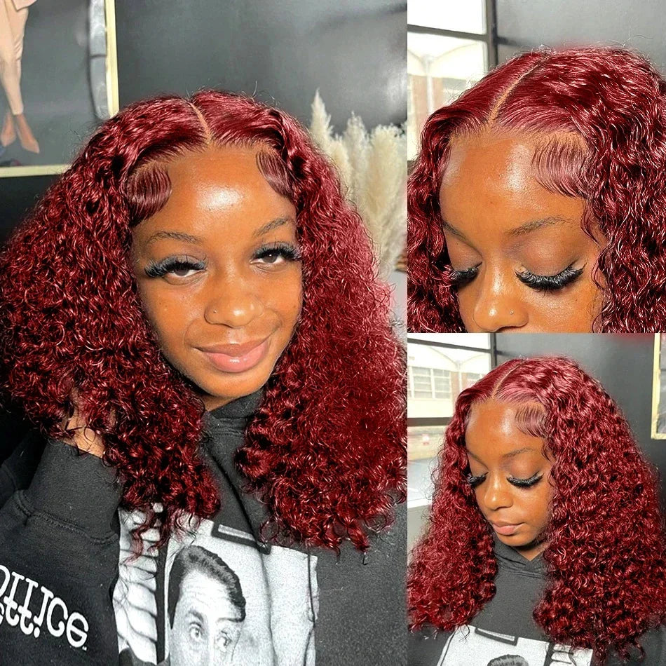 Curly Deep Water Wave Lace Front Wig Burgundy Red Remy Short Cut Bob Frontal Human Hair Wigs