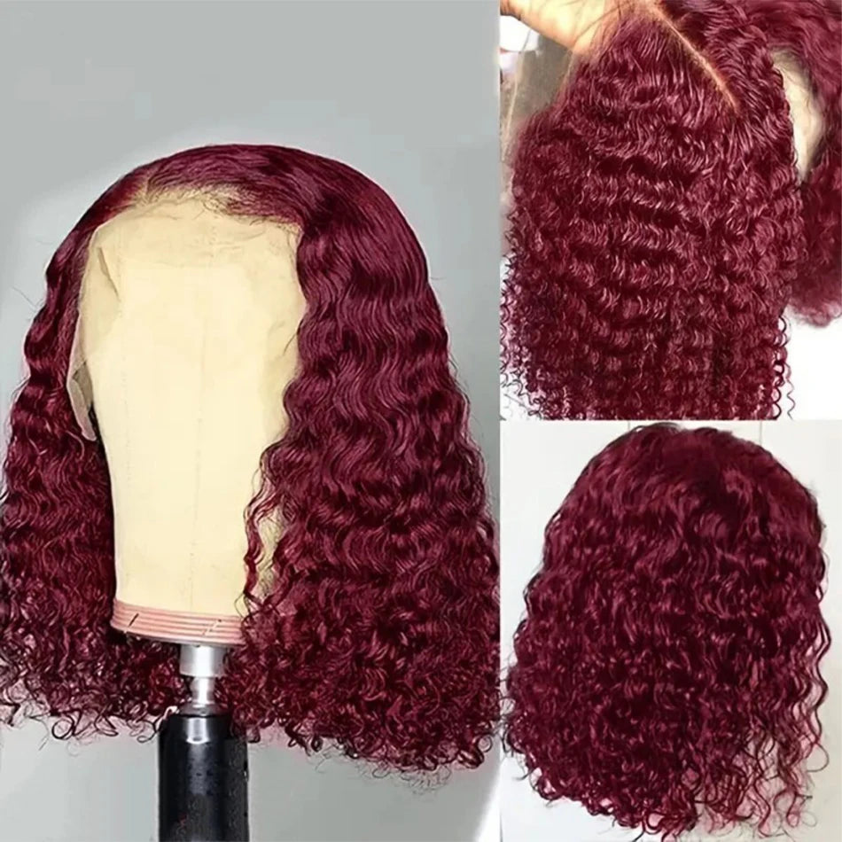 Curly Deep Water Wave Lace Front Wig Burgundy Red Remy Short Cut Bob Frontal Human Hair Wigs