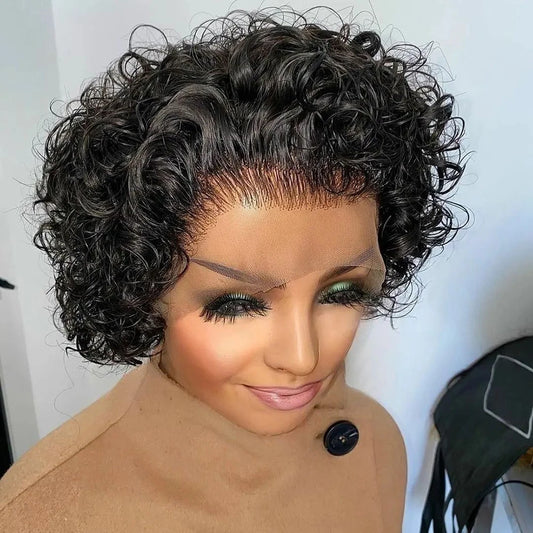 Pixie Cut Wig Colored Lace Wig Spring curl Short Bob Human Hair Wig