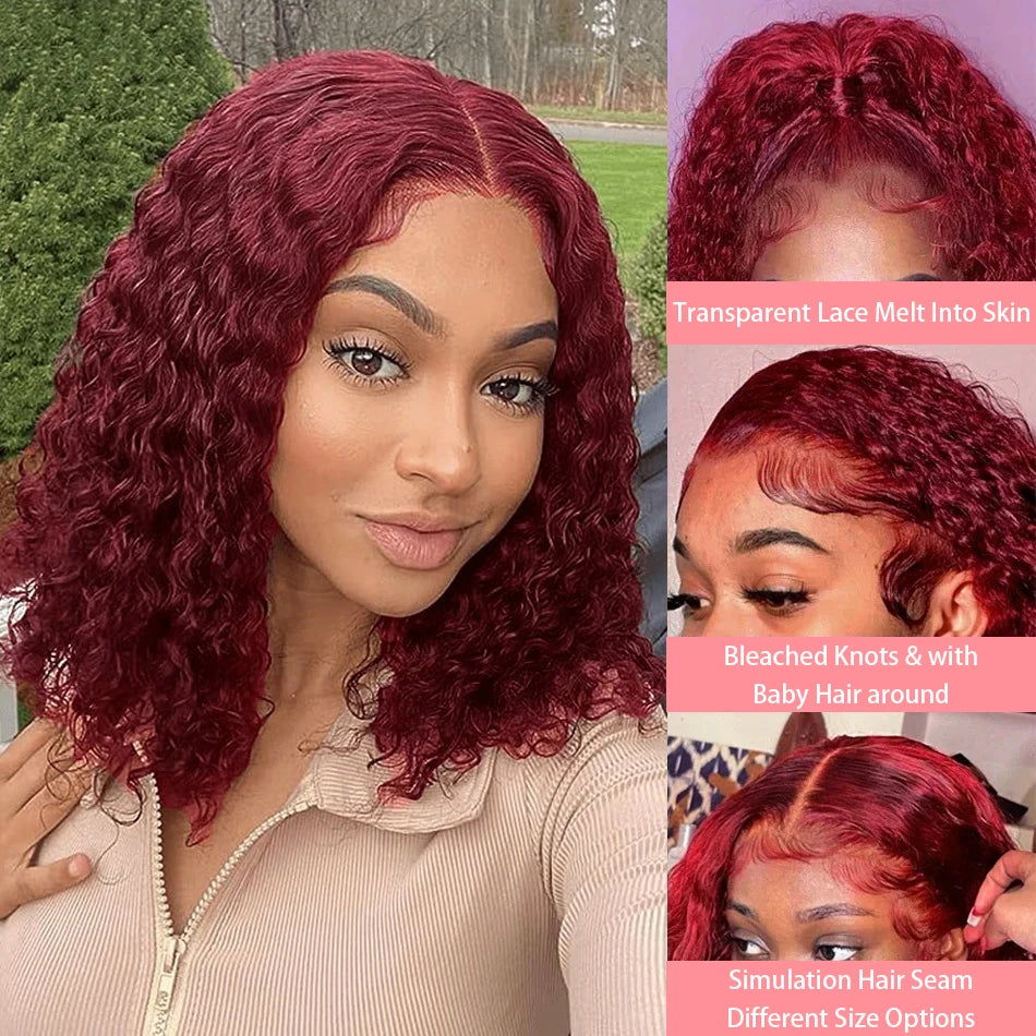 Curly Deep Water Wave Lace Front Wig Burgundy Red Remy Short Cut Bob Frontal Human Hair Wigs