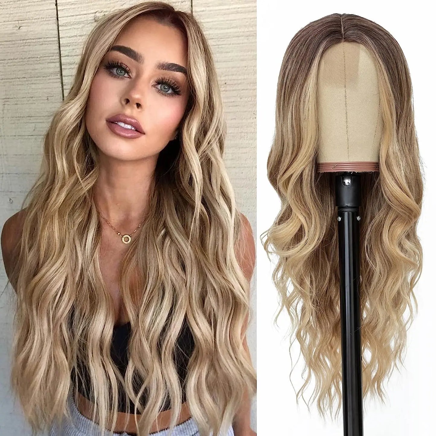 Synthetic Long Lace Ombre Blonde Wavy Wig