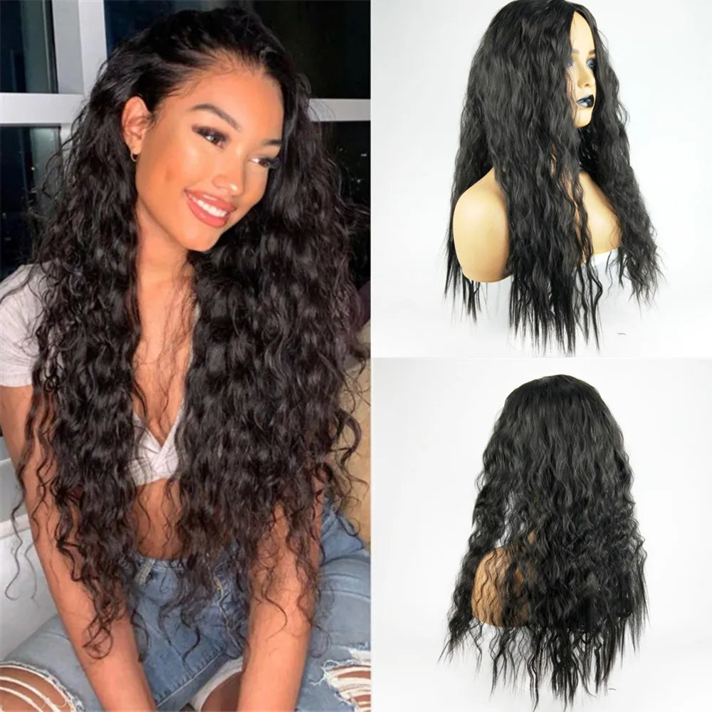 Women's long Ion Perm Wave Curly Hair Full head Wigs Synthetic black Hair Extension