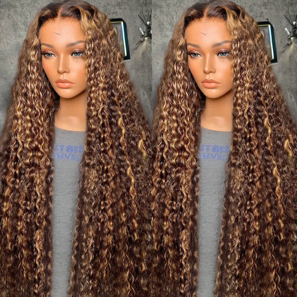 Curly 13x6 Lace Frontal Human Hair Wig Highlight Ombre HD Deep Wave