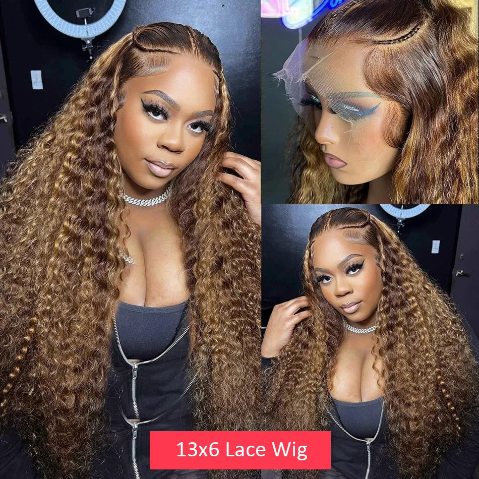 Curly 13x6 Lace Frontal Human Hair Wig Highlight Ombre HD Deep Wave