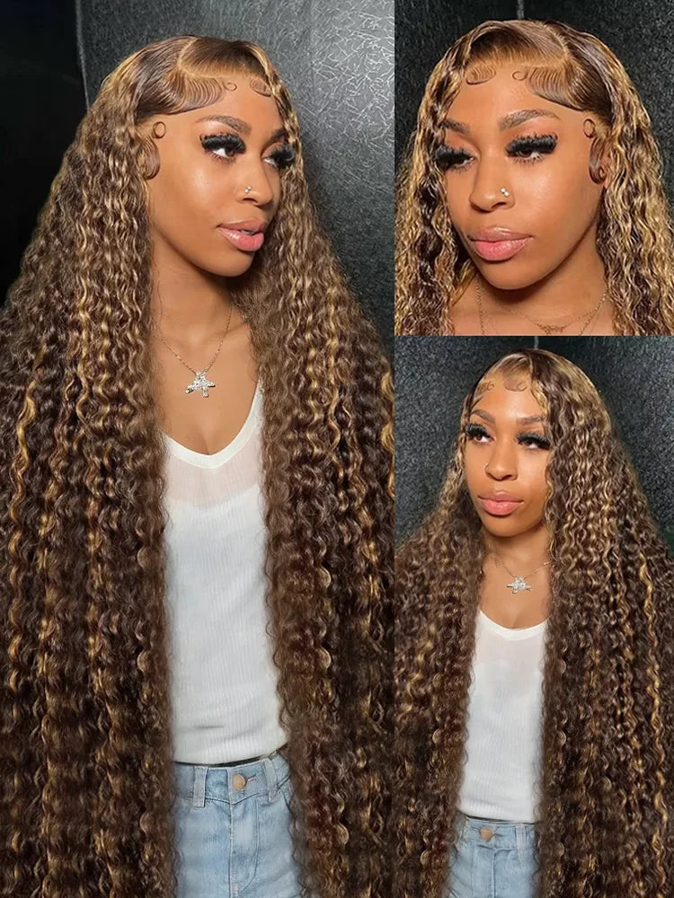 Curly 13x6 Lace Frontal Human Hair Wig Highlight Ombre HD Deep Wave