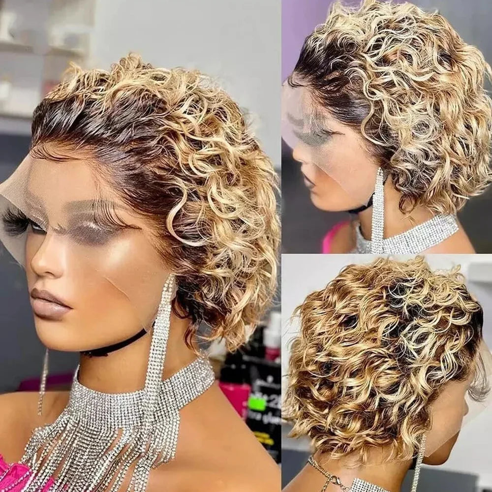 Pixie Cut Wig Colored Lace Wig Spring curl Short Bob Human Hair Wig