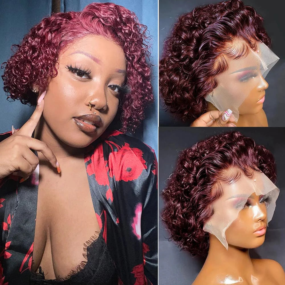 Pixie Cut Wig Colored Lace Wig Spring curl Short Bob Human Hair Wig