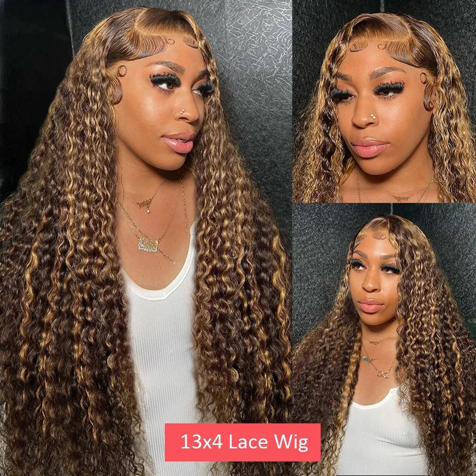 Curly 13x6 Lace Frontal Human Hair Wig Highlight Ombre HD Deep Wave