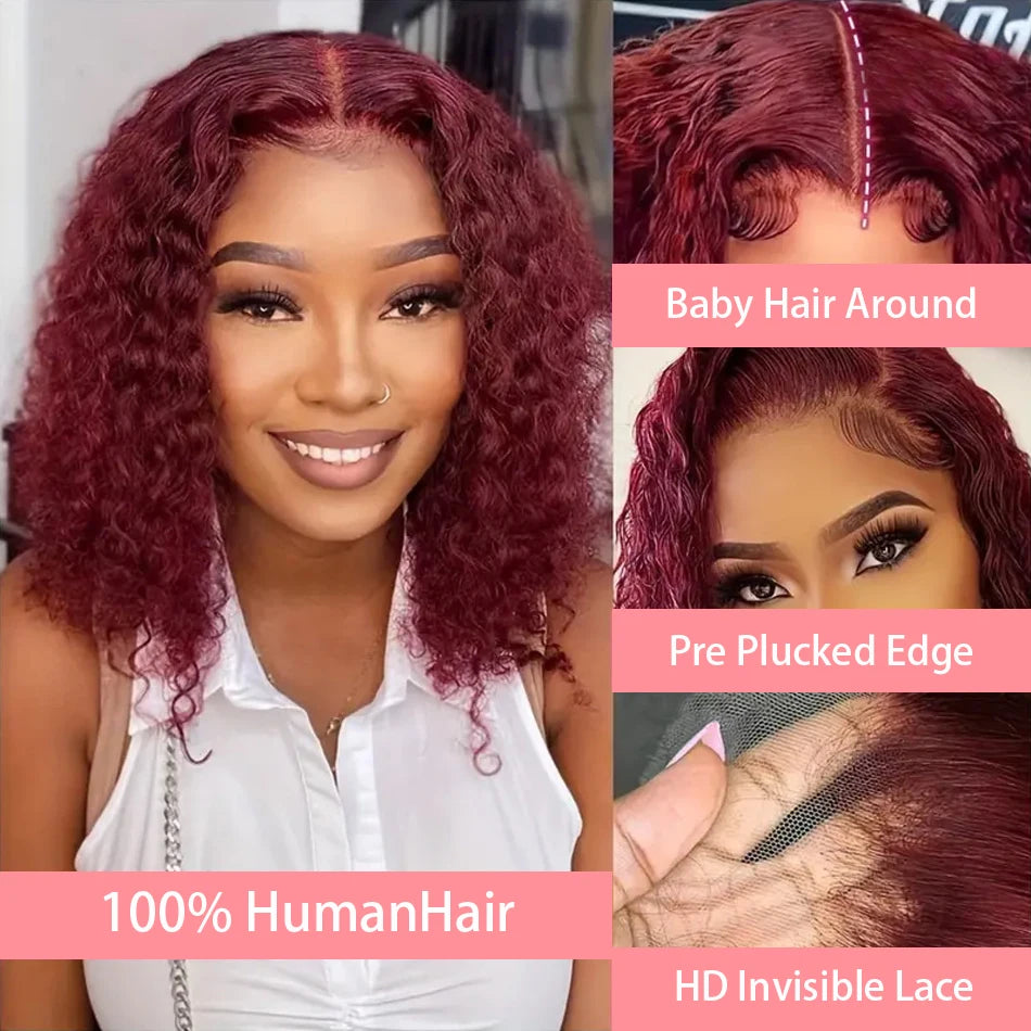 Curly Deep Water Wave Lace Front Wig Burgundy Red Remy Short Cut Bob Frontal Human Hair Wigs