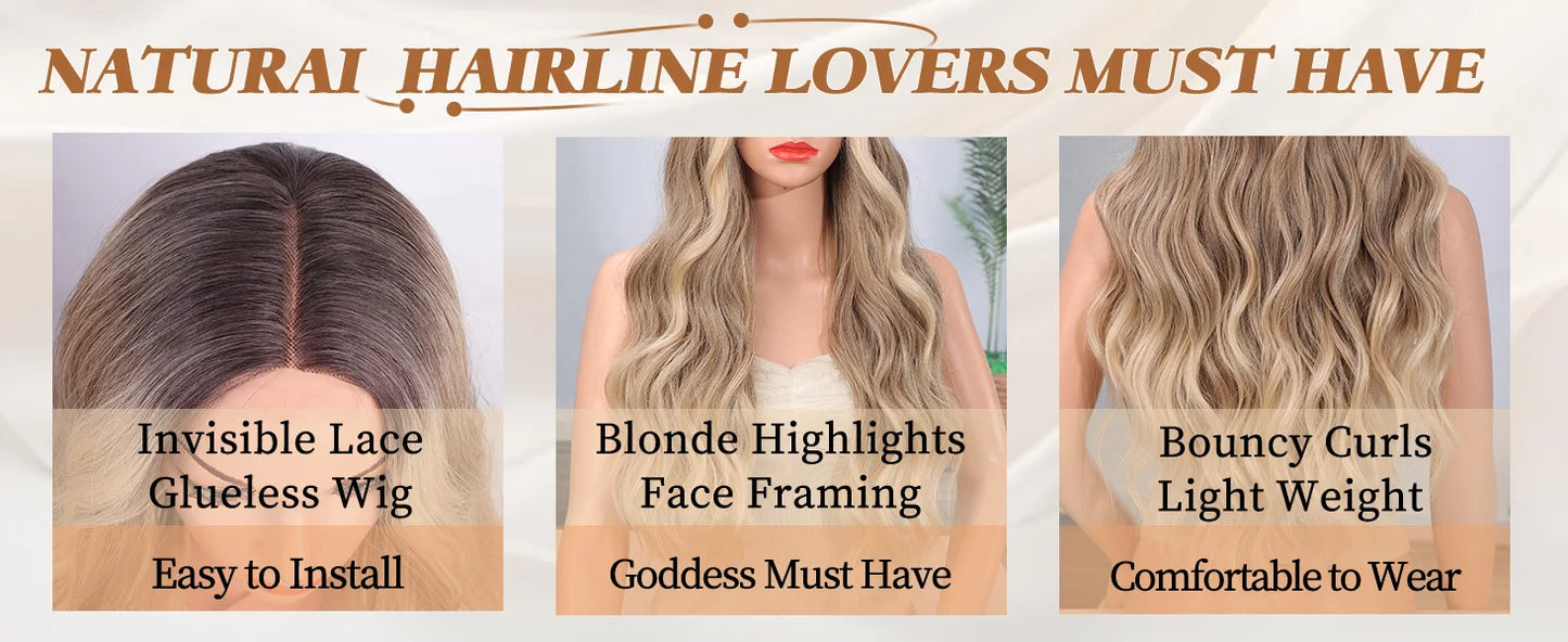 Synthetic Long Lace Ombre Blonde Wavy Wig