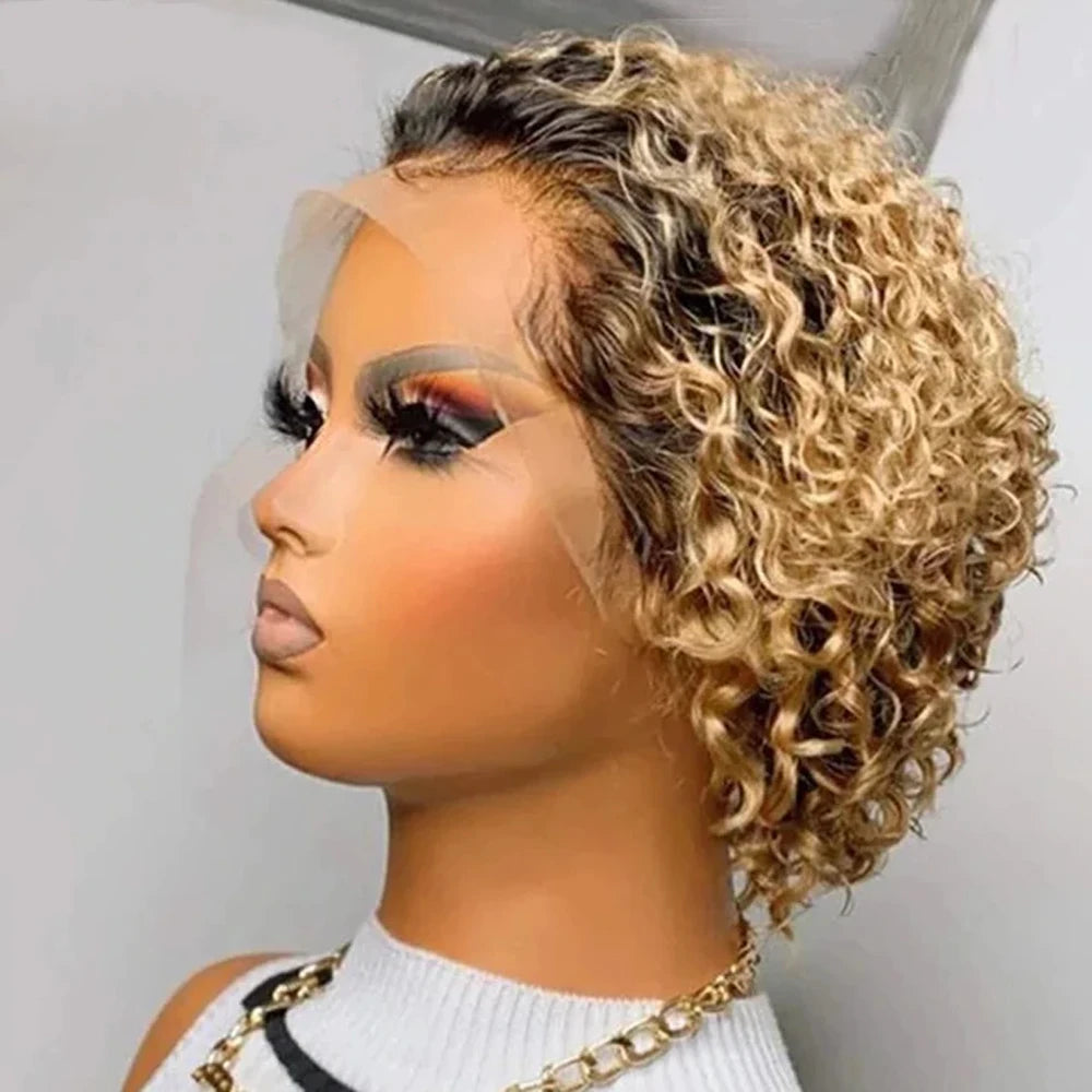 Pixie Cut Wig Colored Lace Wig Spring curl Short Bob Human Hair Wig