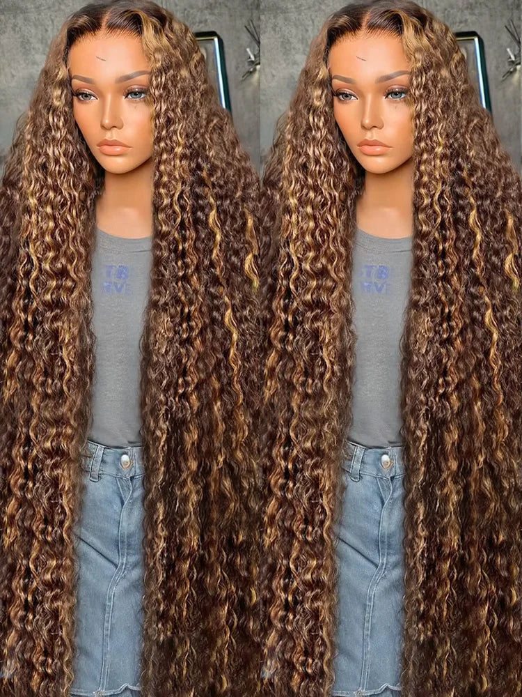 Curly 13x6 Lace Frontal Human Hair Wig Highlight Ombre HD Deep Wave