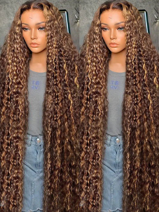 Curly 13x6 Lace Frontal Human Hair Wig Highlight Ombre HD Deep Wave